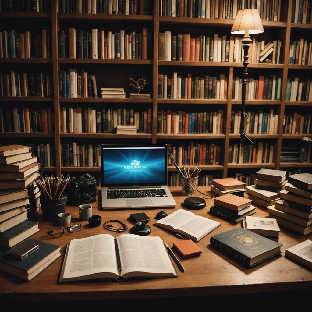 Bureau de travail avec ordinateur portable, livres ouverts, bibliothèque murale et lampe, espace de recherche artistique