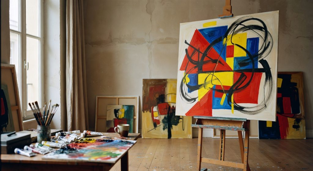 Atelier de peintre abstrait français avec toiles colorées et pinceaux dans une lumière naturelle parisienne