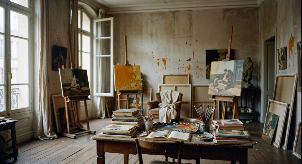 Atelier d'artiste parisien avec œuvres contemporaines et classiques côte à côte sur chevalet