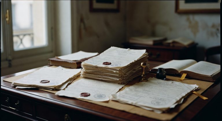 Documents douaniers et certificats d'exportation d'œuvres d'art sur un bureau parisien avec tampons officiels