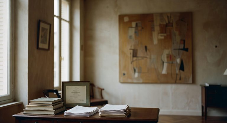Documents d'assurance et certificat d'authenticité posés sur un bureau près d'une œuvre d'art contemporaine dans un intérieur parisien élégant