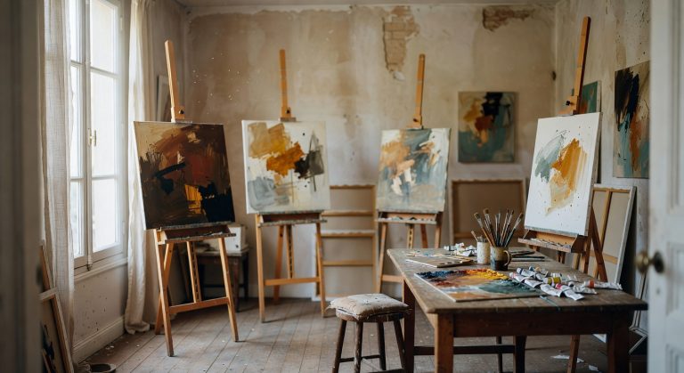 Atelier d'artiste parisien avec plusieurs toiles de format moyen exposées sur chevalet, dans une lumière naturelle douce