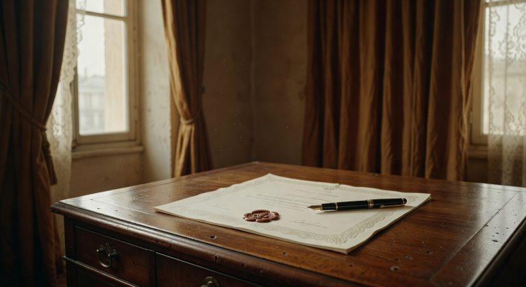 Certificat d'authenticité d'œuvre d'art posé sur un bureau d'expert avec tampon officiel et signature