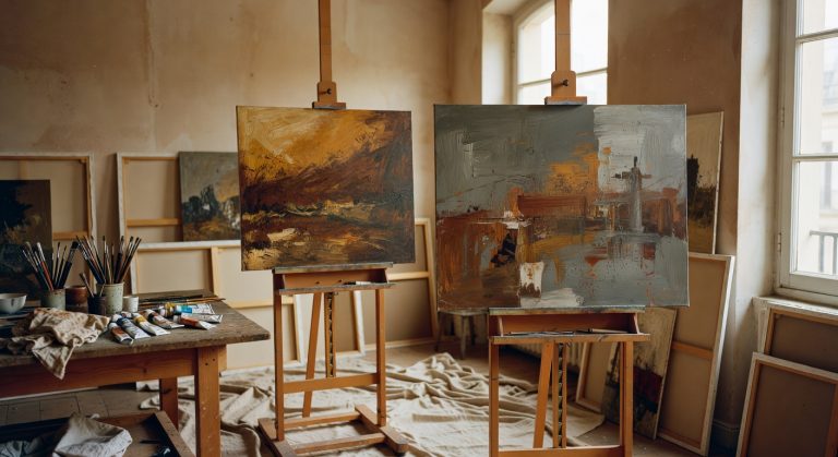 Atelier d'artiste parisien avec œuvres d'art contemporain sur chevalet, lumière naturelle douce, ambiance créative et inspirante