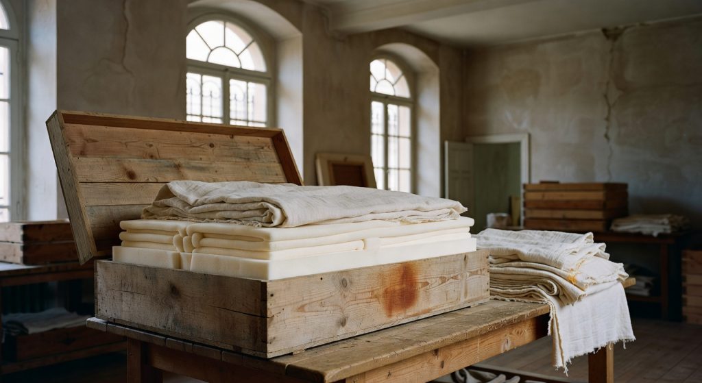 Emballage professionnel d'un tableau avec mousse protective et caisse en bois dans un atelier parisien