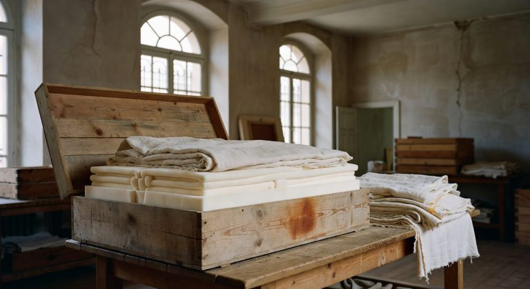 Emballage professionnel d'un tableau avec mousse protective et caisse en bois dans un atelier parisien