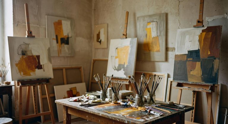 Atelier d'artiste parisien avec peintures accrochées, lumière naturelle douce, ambiance créative et professionnelle