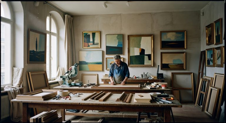 Atelier d'encadrement parisien avec toiles contemporaines et cadres variés sous lumière naturelle douce