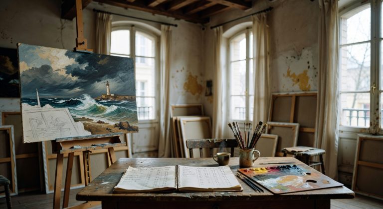 Peintre débutant dans son atelier parisien réfléchissant à la fixation des prix de ses œuvres, palette et pinceaux sur table, carnets de calculs