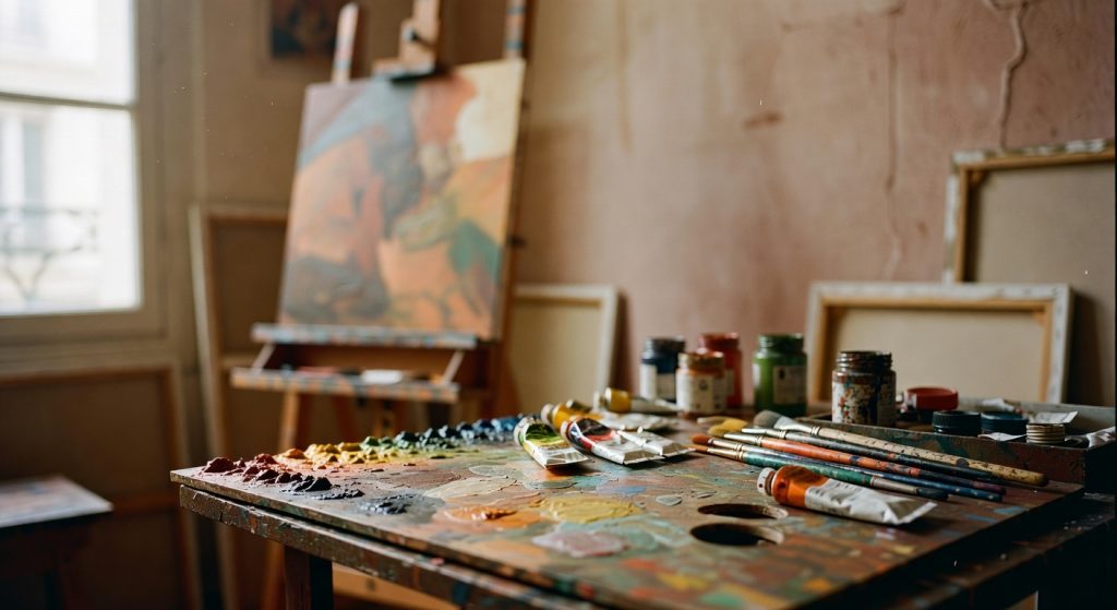 Palette de peintre avec tubes de peinture à l'huile et acrylique dans un atelier parisien