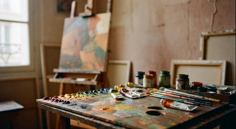 Palette de peintre avec tubes de peinture à l'huile et acrylique dans un atelier parisien