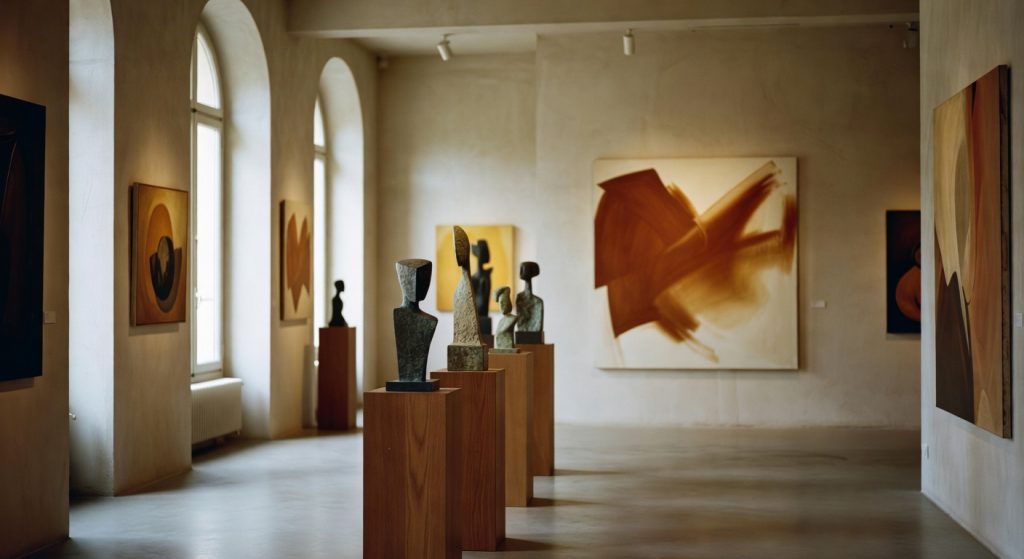 Atelier d'artiste parisien avec œuvres d'art contemporain et lumière naturelle tamisée