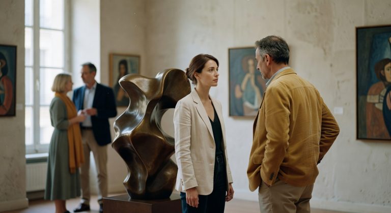 Salon d'art contemporain parisien avec visiteurs admirant des œuvres exposées dans un espace lumineux