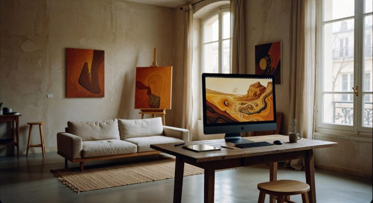 Écran d'ordinateur affichant une œuvre d'art numérique dans un atelier parisien contemporain