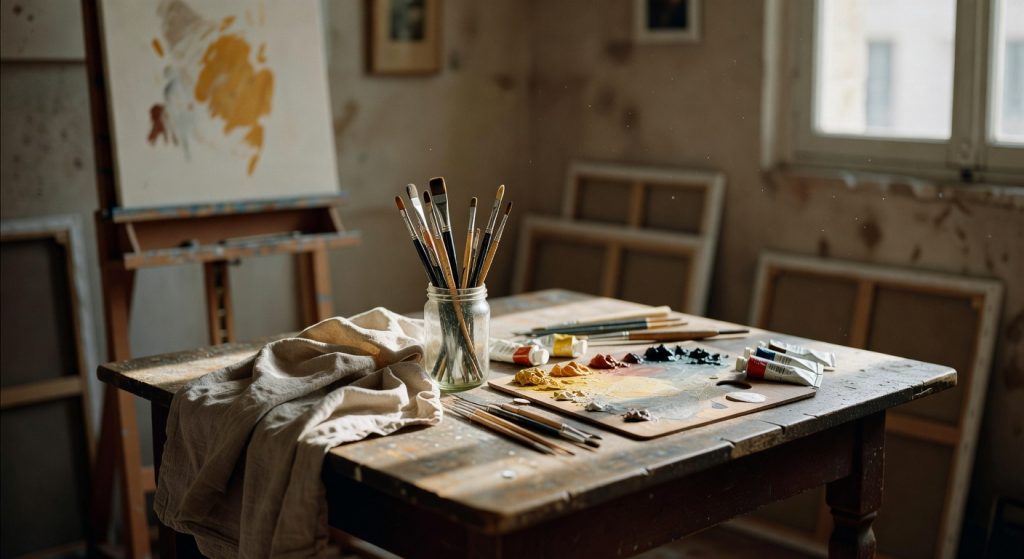 Portfolio d'artiste peintre disposé sur table en bois dans atelier parisien avec pinceaux et palette
