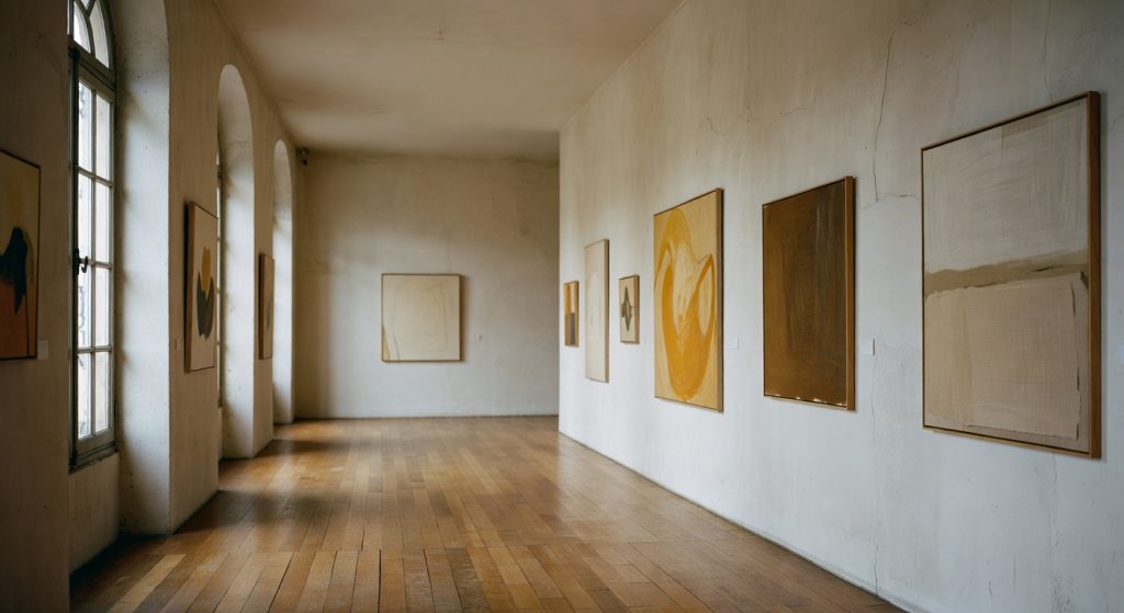 Galerie d'art parisienne élégante avec œuvres contemporaines exposées, éclairage naturel tamisé