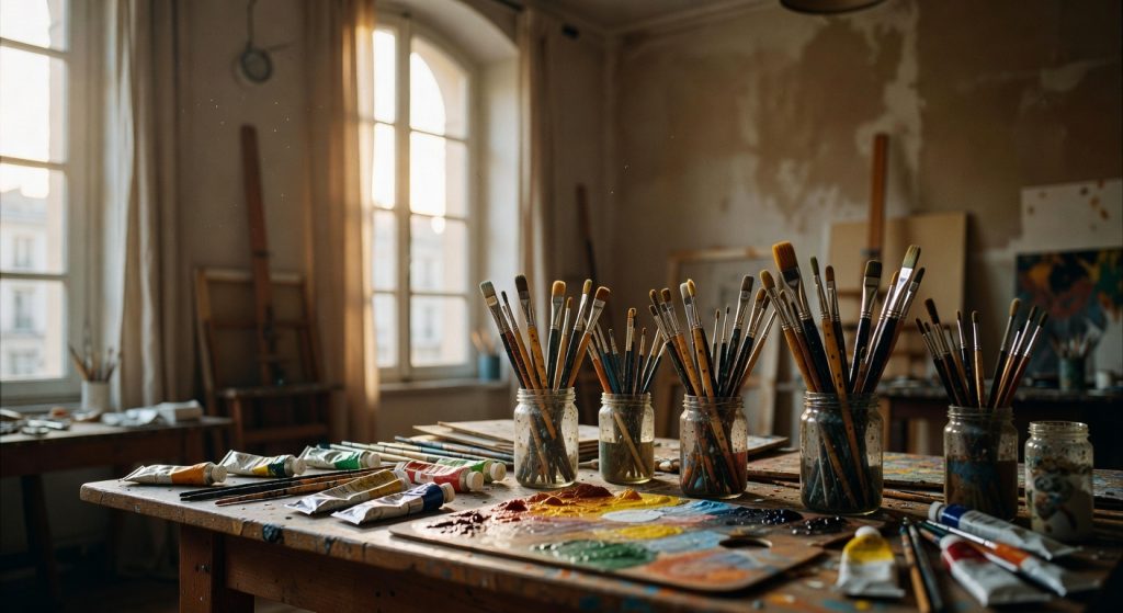 Palette de couleurs vives expressionnistes avec pinceaux dans un atelier d'artiste parisien, lumière naturelle douce